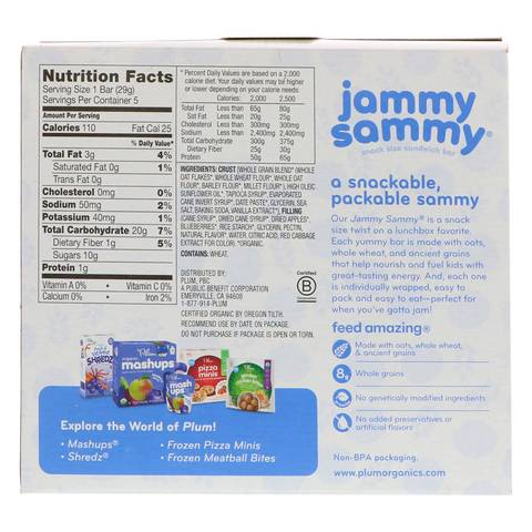 Plum Organics, Jammy Sammy, Blueberries & Oatmeal, 5 Bars, 1.02 oz (29 g) Each