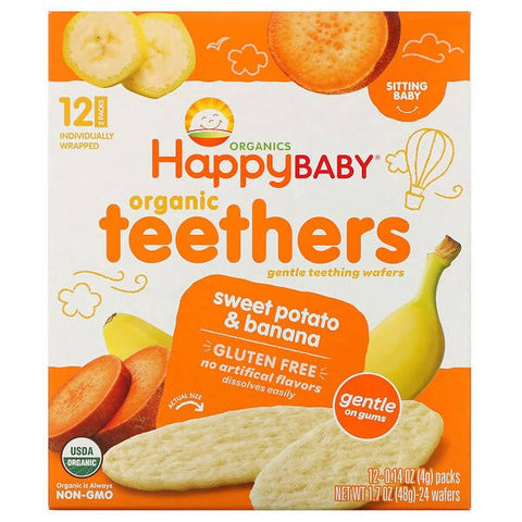 Happy Family Organics, Organic Teethers, Gentle Teething Wafers, Sitting Baby, Sweet Potato & Banana, 12 Packs, 0.14 oz (4 g) Each.22.B - MarkeetEx