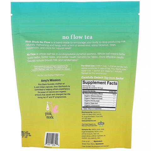 Pink Stork, No Flow, Milk Reduction Tea, Hibiscus Mint, Caffeine Free, 15 Pyramid Sachets, 1.32 oz (37.5 g) - MarkeetEx