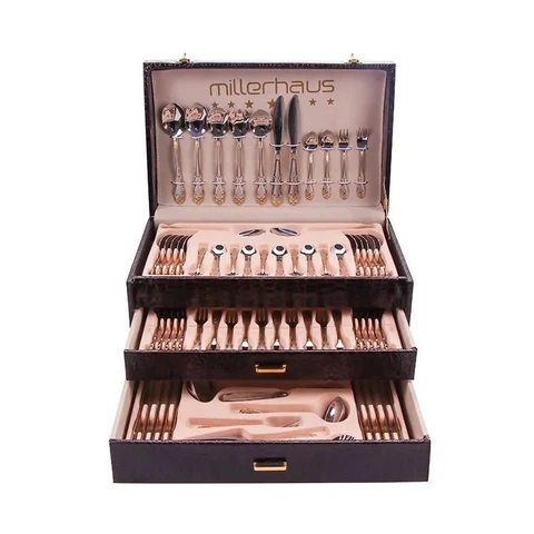 72 pieces stainless steel gold plated luxury cutlery set with leather case