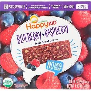 Happy Family Organics, Happy Kid, Blueberry + Raspberry, Fruit & Oat Bar, 5 Bars, 0.99 oz (28 g) Each