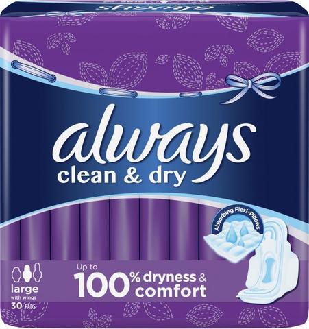 ALWAYS Clean & Dry with Wings Large Sanitary Pads, 30 Pads