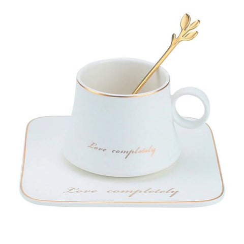 Round handle gold rim ceramic latte coffee cup with square saucer - MarkeetEx