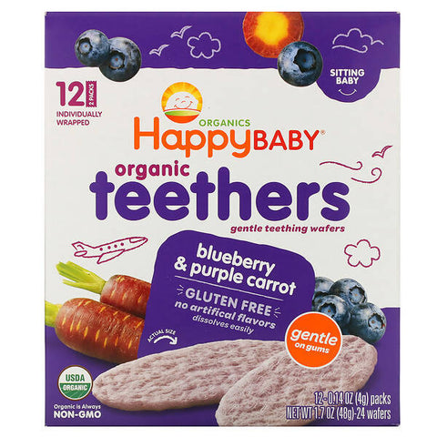 Happy Family Organics, Organic Teethers, Gentle Teething Wafers, Sitting Baby, Blueberry & Purple Carrot, 12 Packs, 0.14 oz (4 g) Each - MarkeetEx
